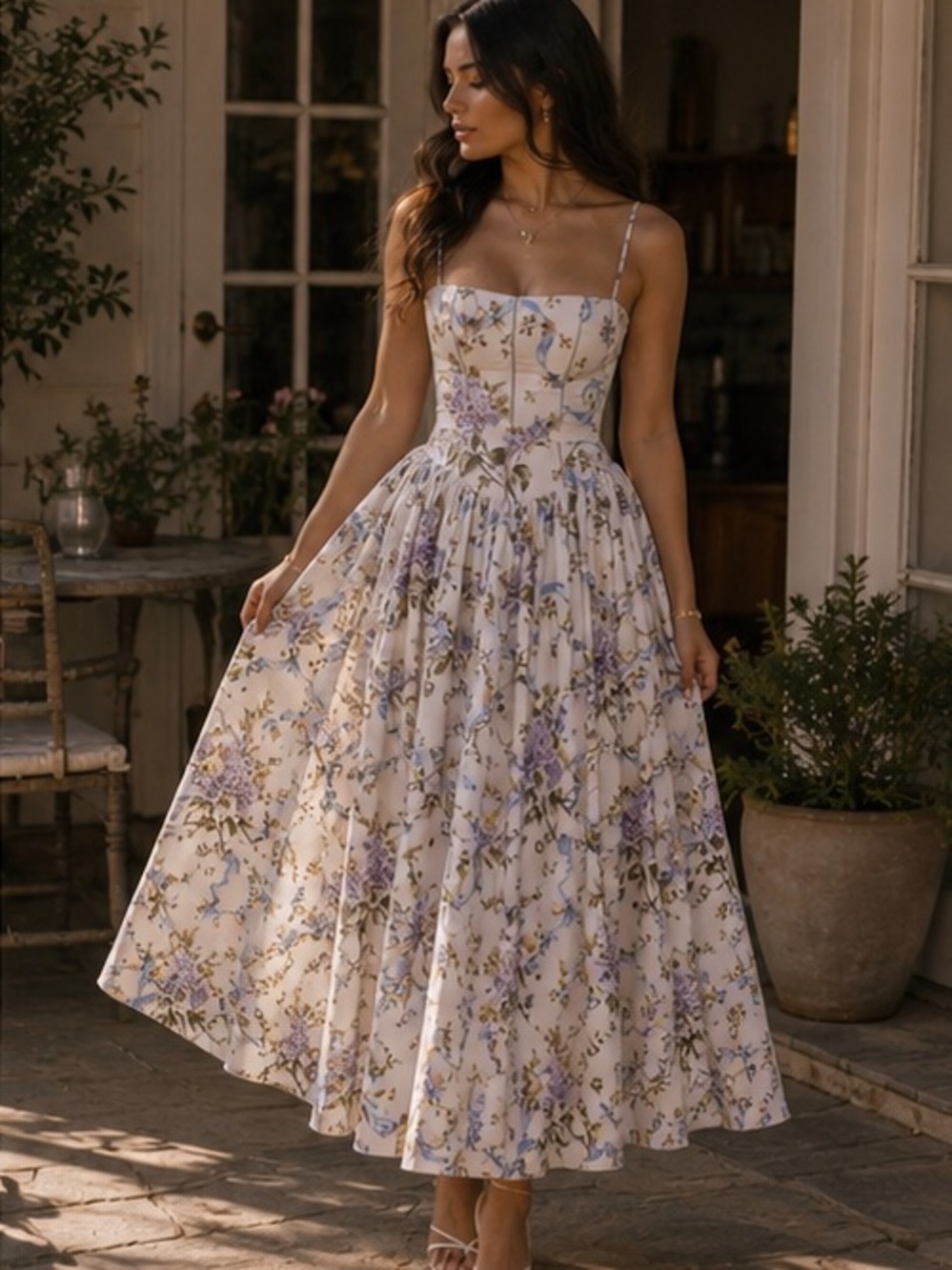 White Floral Midi Dress with Lavender and Blue Print